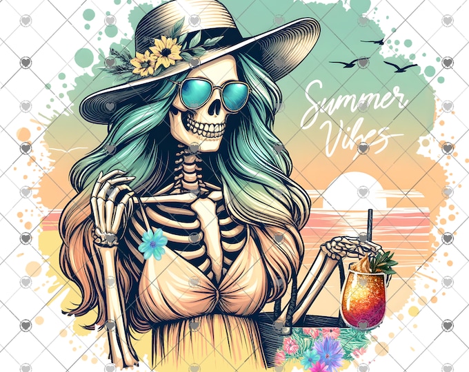 Summer Vibes, pretty skeleton at beach, summer design, funny shirt design, digital download, Png file