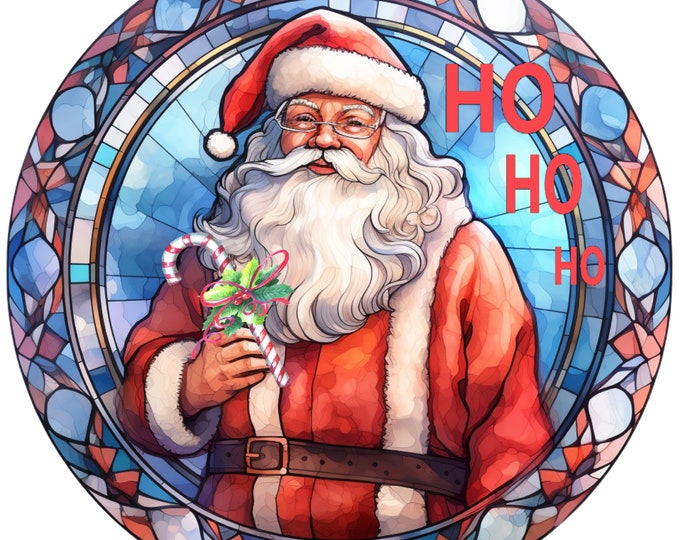 Santa Clause stained glass( Faux) Digital Download,2 versions, Shirt Design,Round Door sign Png, digital download, png file