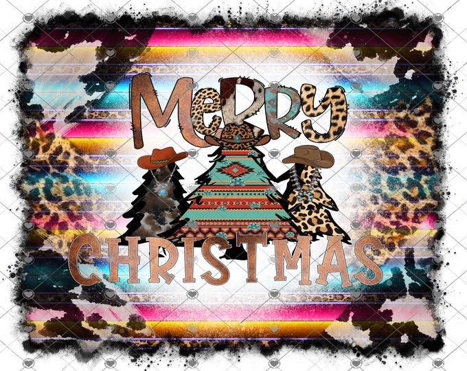 Merry Christmas  Western, animal print, turquoise , serape trees  sublimation transfer or White Toner Transfer