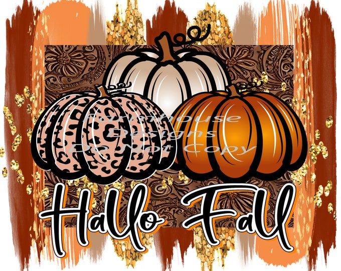 Hello Fall, pumpkins and leopard print, digital download, png file, fall design, shirt design