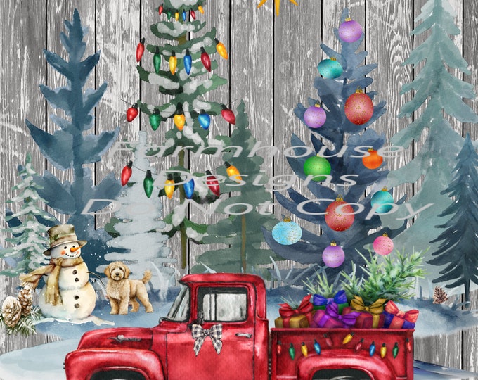 Vintage Red Truck Winter Scene, with Christmas Lights, Pine Trees Shirt Design, Door sign Png, digital download
