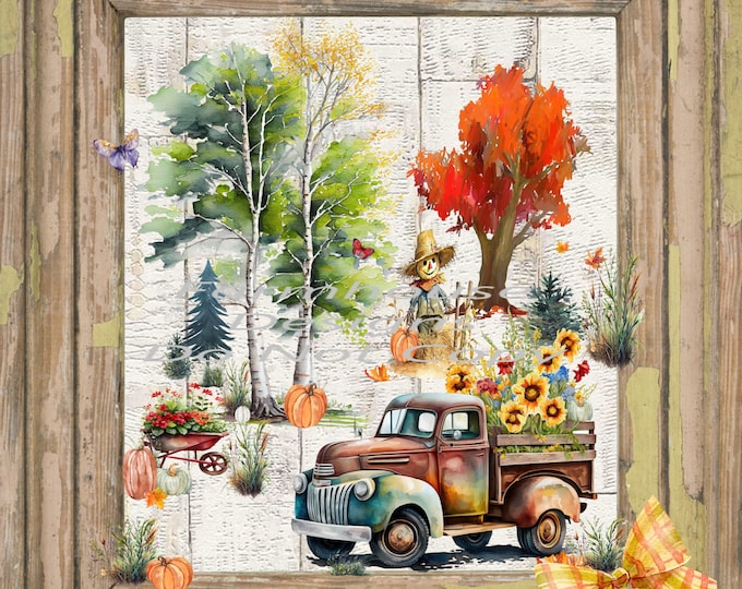 Vintage Turquoise Truck, flowers, framed Fall Scene, Welcome sign, digital download, png file, fall design