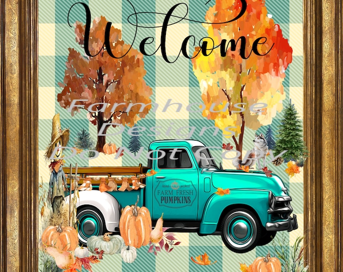 Blue Plaid Background, vintage Turquoise Truck, framed Fall Scene, Welcome sign, digital download, png file, fall design