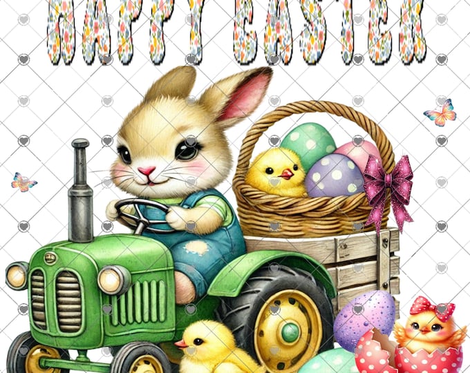 Baby Bunny driving a Green Tractor with baby Chicks, Happy Easter, Spring sublimation print, design, png, clipart