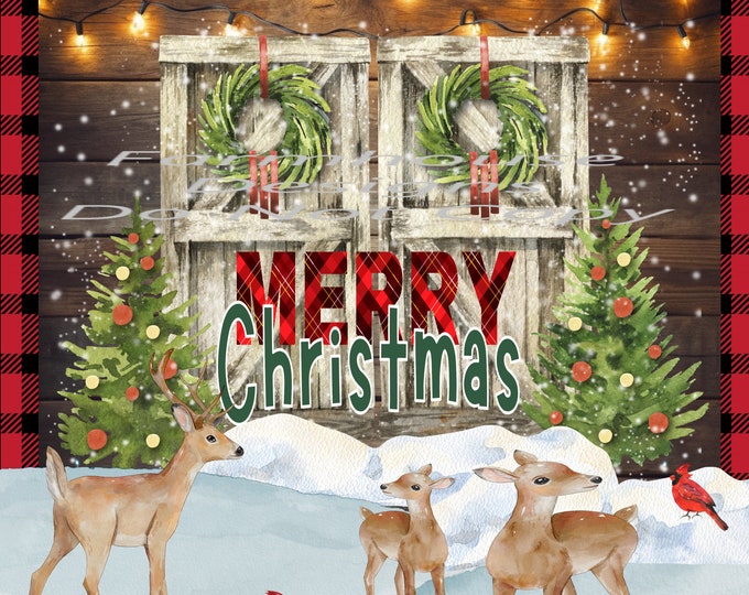 Merry Christmas, deer and cardinals, barn Doors scene, Digital Download, Shirt Design, Door sign Png, digital download, png file