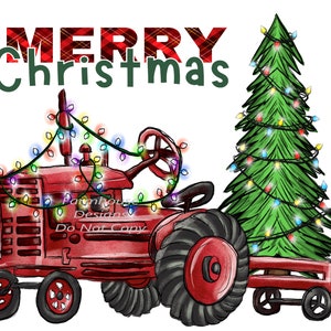 May include: A red vintage tractor with Christmas lights wrapped around it is pulling a red wagon with a green Christmas tree decorated with lights. The text "Merry Christmas" is written above the tractor.