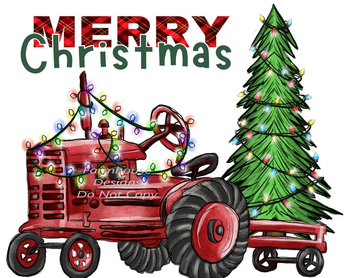 Merry Christmas, Red Tractor, Christmas Tree design, Digital Download, Shirt Design, Door sign Png, digital download, png file