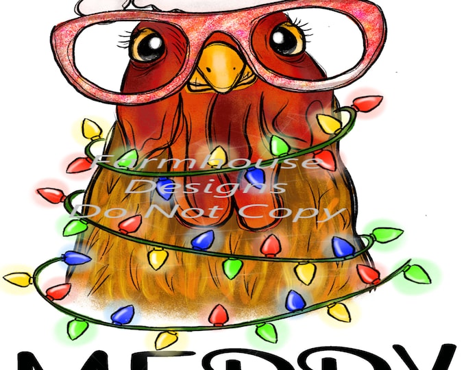 Merry Cluckn Christmas Chicken wrapped in Christmas Lights, sublimation transfer, DTF transfer