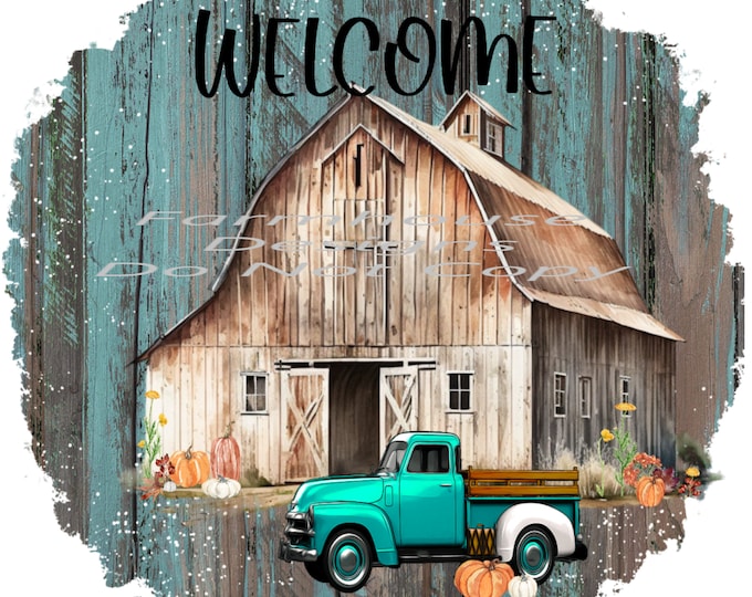 Vintage Teal Truck, Barn and Pumpkins, Fall welcome sign, Round Door sign Png,  download, round door png, welcome sign