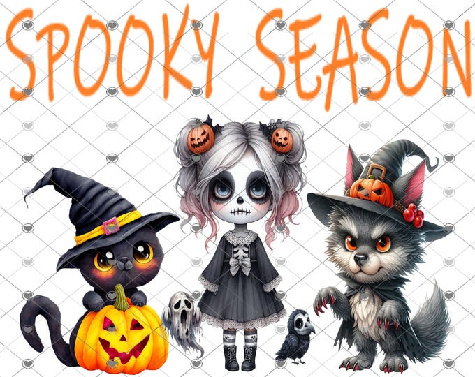 Spooky Season, Black Cat, Spooky Girl and Werewolf download, png file, shirt design, png, Children's shirt png