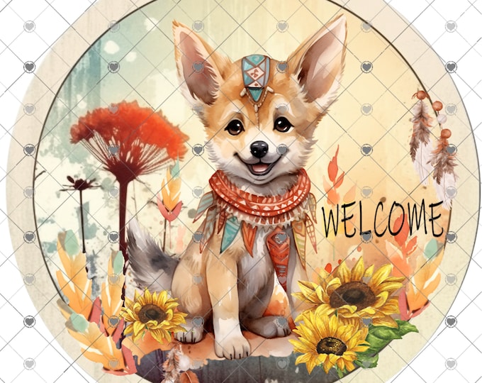 Adorable Wolf or Coyote, Boho round welcome sign, 2 versions, shirt Png, download, digital download