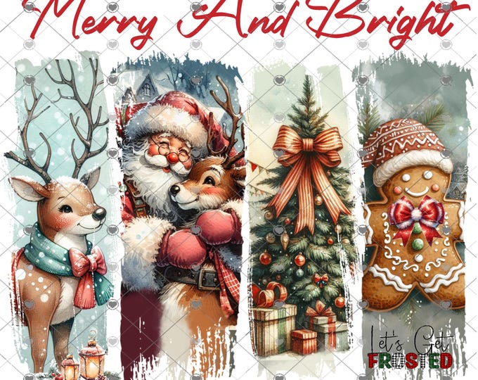 Vintage Christmas Merry and Bright , 20 skinny Tumbler design, digital download, Png file