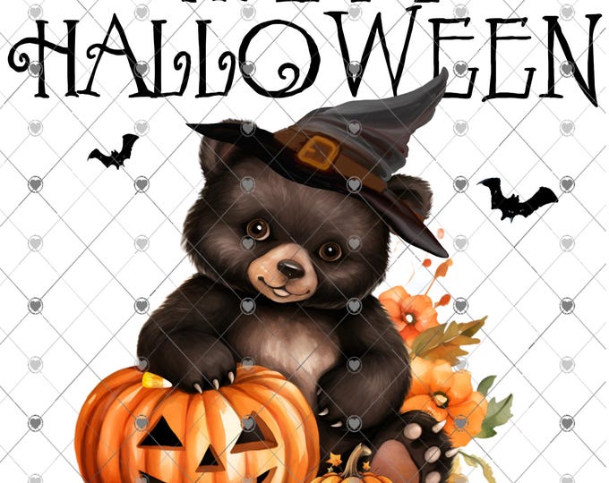 Happy Halloween, Adorable Black Bear with Jack-O-Lantern Pumpkin, digital download, png file, shirt design, welcome sign, png