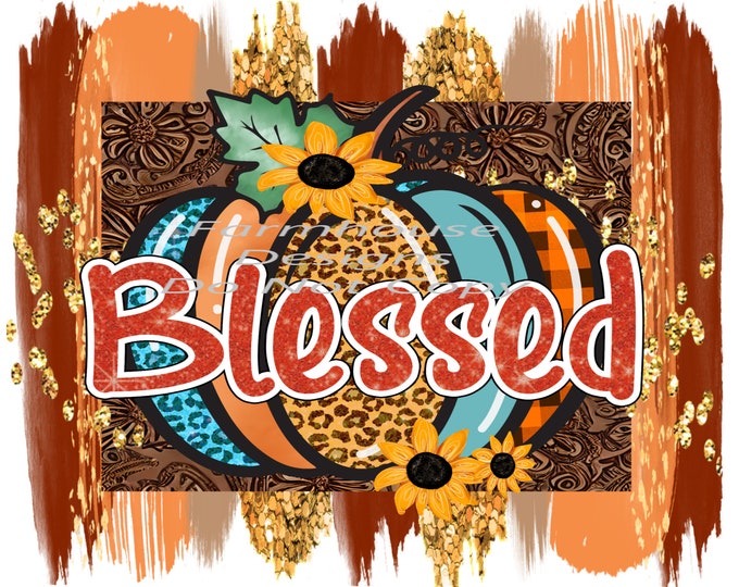 Blessed multicolored pumpkin with brush strokes background, digital download, png file, fall design, fall png