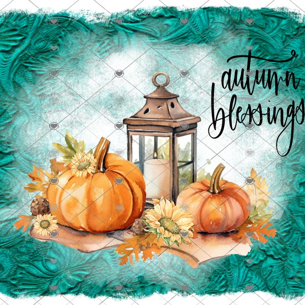 Autumn Blessings, Fall Pumpkin, Lantern, Turquoise leather digital download, png file, fall design, shirt design, welcome sign,  png