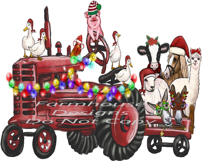 Red Christmas Tractor with Barnyard Animals design, Digital Download, Shirt Design, Door sign Png, digital download, png file