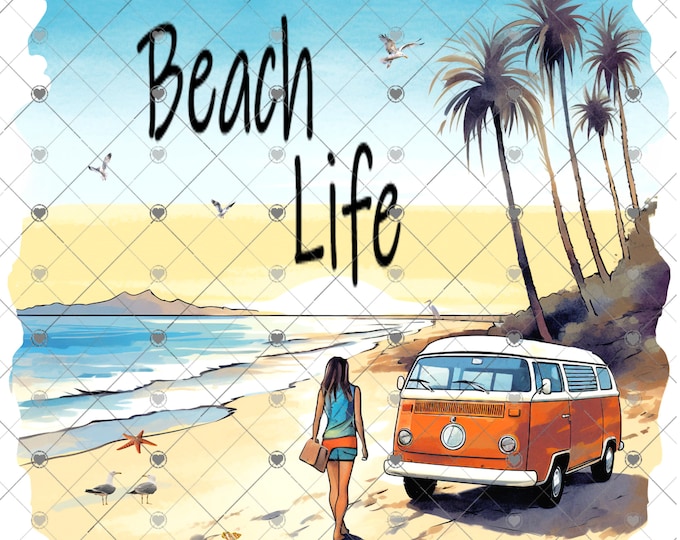 Beach Life, Vintage  Van, Sunset scene, Summer design,  shirt design, digital download, Png file