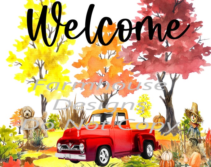 Red Truck, Scarecrow, Trees, Fall scene, Welcome Sign, Landscape design, digital download, png file, fall design