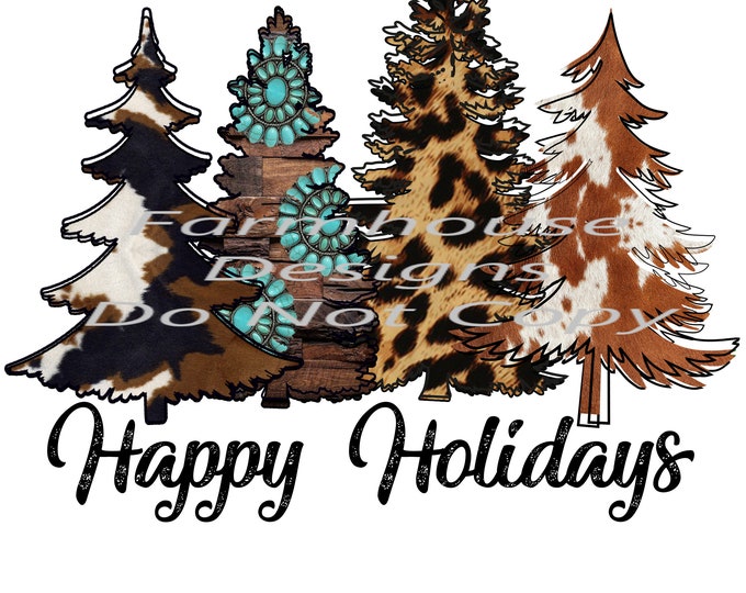 Merry Christmas, Western, animal print, turquoise  trees  sublimation transfer or White Toner Transfer