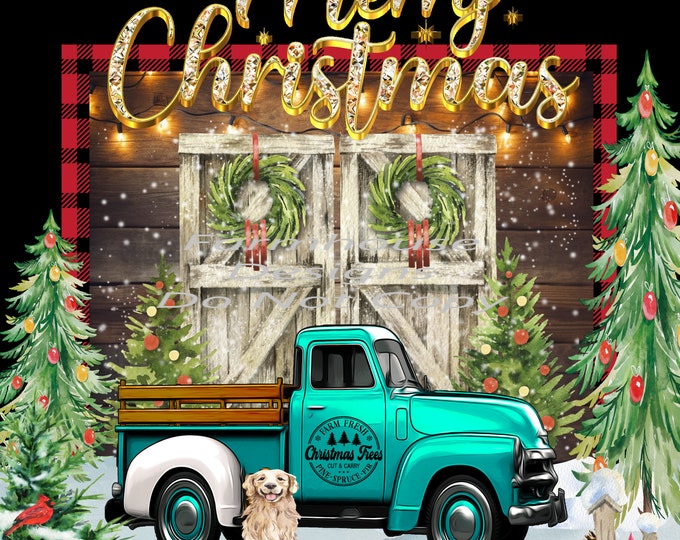 Merry Christmas barn Doors and Turquoise truck scene, Digital Download, Shirt Design, Door sign Png, digital download, png file