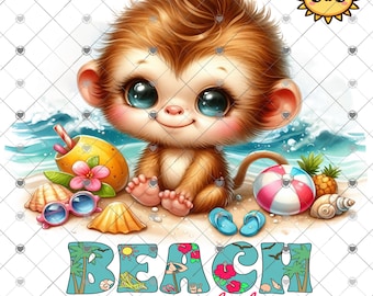 Beach Life, adorable Monkey at the beach, kid's shirt design, digital download, Png file