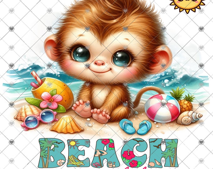 Beach Life, adorable Monkey at the beach, kid's shirt design, digital download, Png file