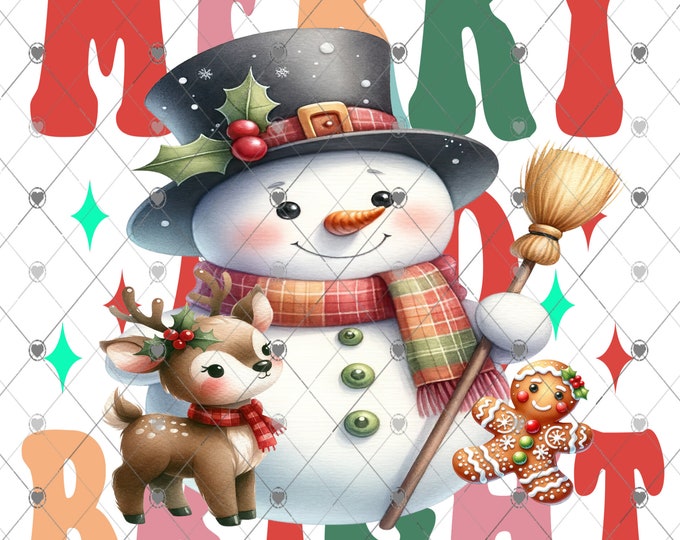 Merry and Bright Snowman and reindeer Christmas Download, Shirt Design, Png, digital download, png, sign png