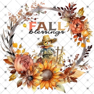 Scarecrow and sunflowers Fall Wreath, Fall Blessings, Welcome sign, digital download, png file, fall design, fall png