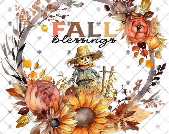 Scarecrow and sunflowers Fall Wreath, Fall Blessings, Welcome sign, digital download, png file, fall design, fall png