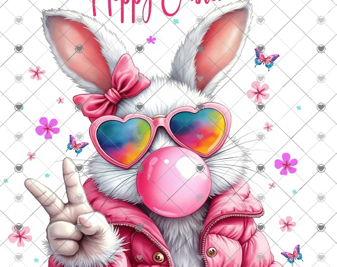 Hoppy Easter, Bunny blowing bubble, Butterflies and Daisies Spring sublimation print, design, png, clipart