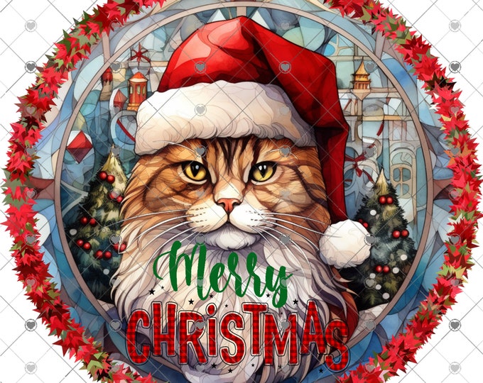 Merry Christmas, Beautiful Cat with Santa hat stained glass( Faux) Digital Download, Shirt, Round Door sign Png, digital download, png file