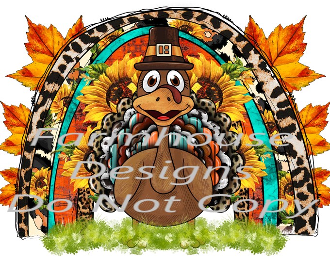 Turkey with fall rainbow and sunflowers, Thanksgiving, fall , sublimation transfer or DTF  White Toner Transfer