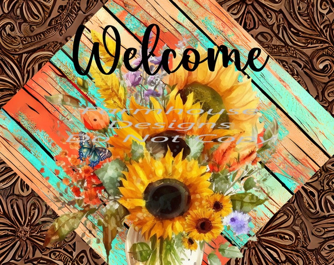 Sunflowers, wildflowers in a vase, teal and coral, leather print  png download, door sign, welcome sign