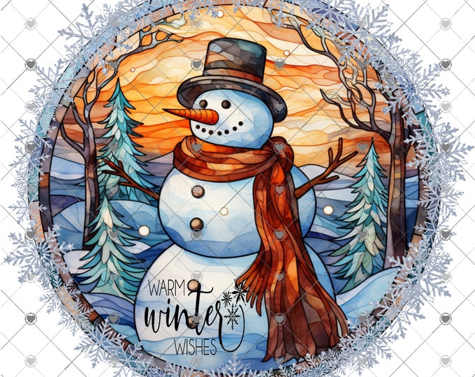 Warm Winter Wishes Snowman, Faux Stain Glass Design, 2 versions, Digital Download, , Png, digital download, png file, round png