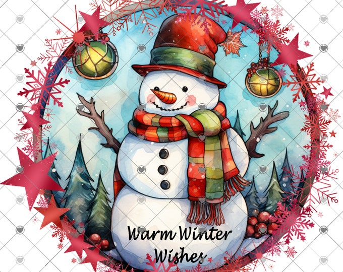 Warm Winter Wishes Snowman, Faux Stain Glass Design, 2 versions, Digital Download, , Png, digital download, png file, round png