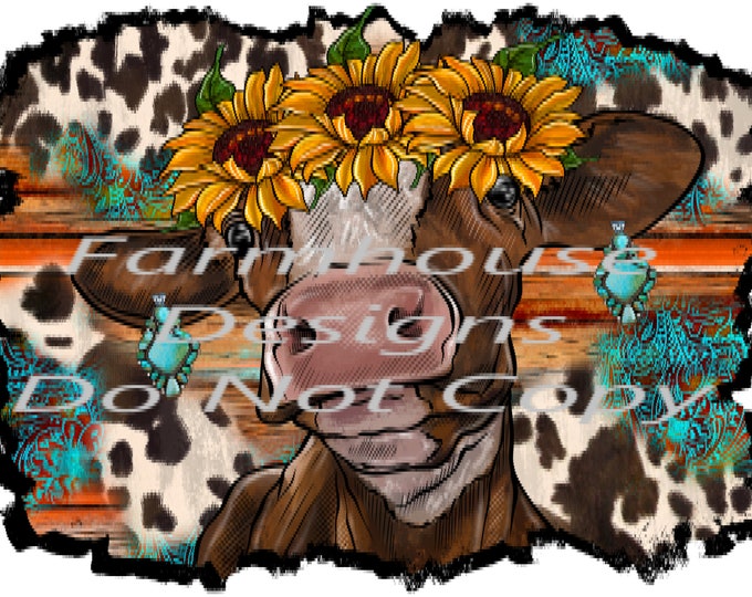 Cow Western, serape and Sunflowers  sublimation transfer or DTF  White Toner Transfer