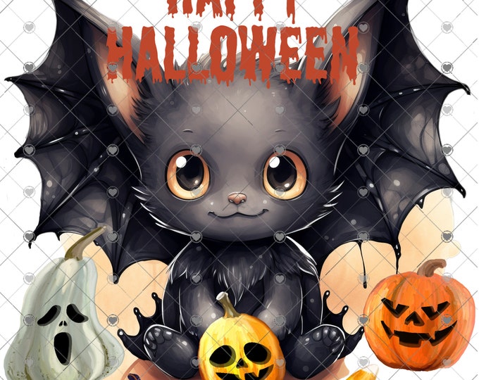 Happy Halloween, Adorable Black Bat with Jack-O-Lantern Pumpkin,  digital download, png file, shirt design, welcome sign,  png