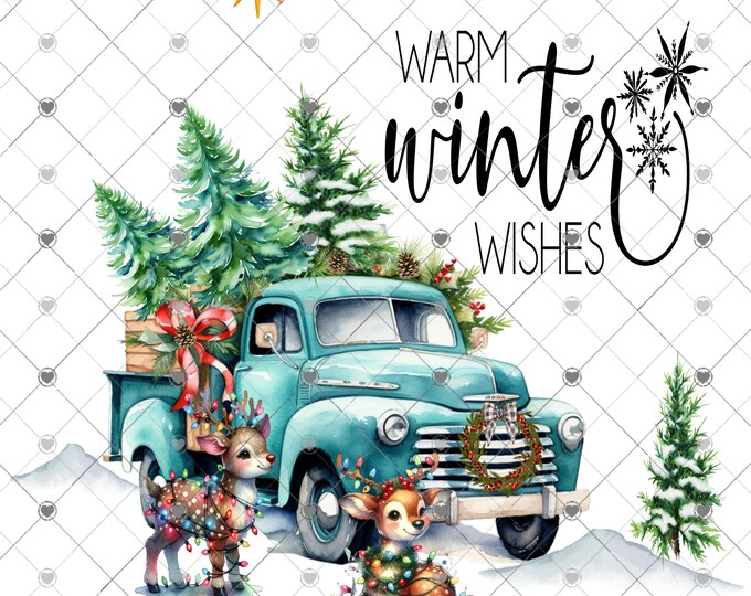 Warm Winter Wishes, Deer with Lights And Truck Winter Scene, Digital Download, Shirt Design, digital download, png file