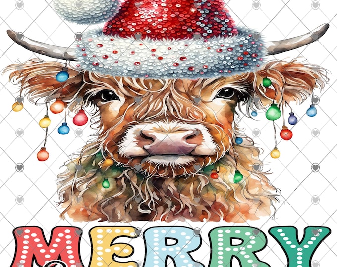 Merry Christmas, Highland Cow with Santa hat, Wrapped in lights Christmas Download, Shirt Design, Png, digital download, png
