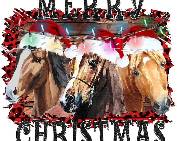 Merry Christmas, Horses with Santa hats and lights, country  sublimation transfer or White Toner Transfer