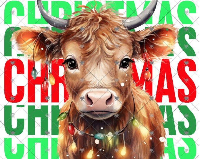 Christmas Highland Cow with Lights, Christmas Download, kid's or adult's shirt, Shirt Design, Png, digital download, png file