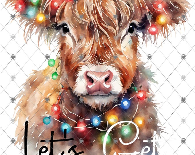 Let's Get Frosted, Highland Cow Wrapped in lights, Funny Christmas Download, Shirt Design, Png, digital download, png