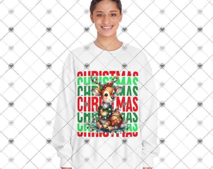 Christmas Reindeer, wrapped in lights, colorful, Unisex DryBlend® Crewneck Sweatshirt