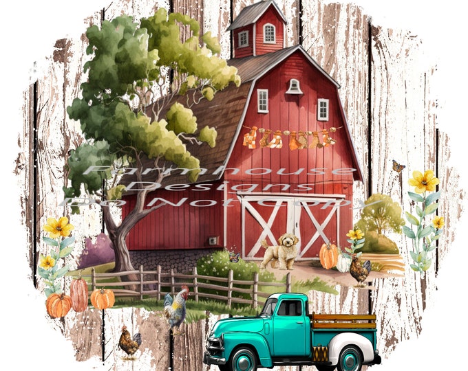 Vintage Teal Truck, Red Barn, Pumpkins, Chickens, and Golden Doodle Fall sign, Round Door sign Png,  download, round door png, welcome sign