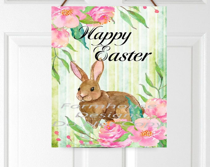 Happy Easter, Easter Bunny, pink flowers, welcome sign, large door hanger /wall decor