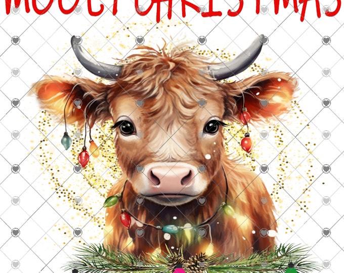 Mooey Christmas, Highland Cow with Christmas Lights Digital Download, Shirt Design, Door sign Png, digital download, png file