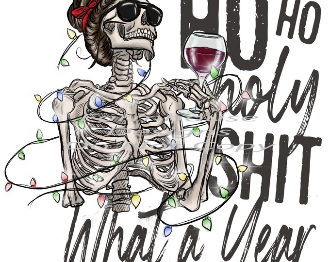 Ho Ho Holy Shit what a Year Santa Skeleton with wine  Digital Download, Shirt Design, Door sign Png, digital download, png file