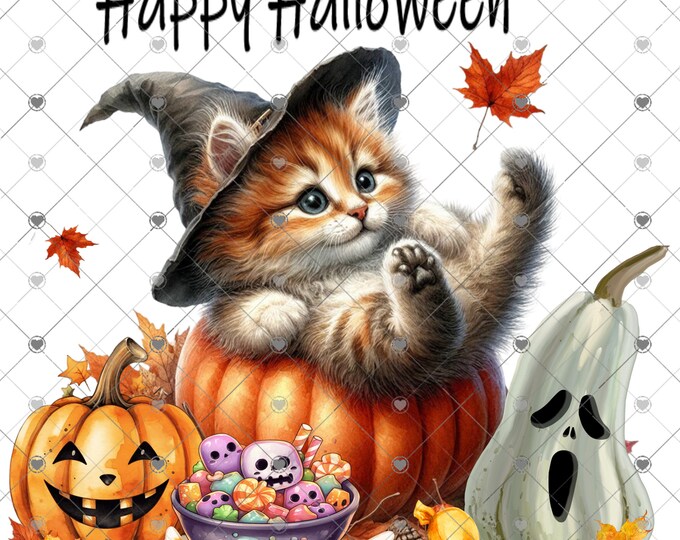 Happy Halloween, Adorable kitten with Jack-O-Lantern Pumpkin,  digital download, png file, shirt design, welcome sign,  png
