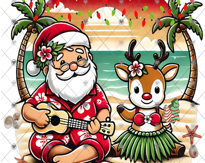 Aloha, Santa and a Reindeer on the Beach Digital Download, Shirt Design, digital download, png file