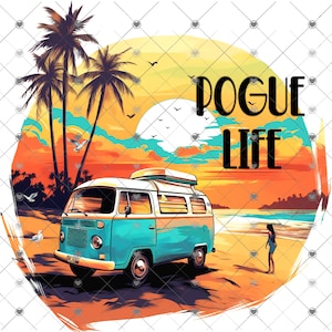 May include: A digital illustration of a turquoise and white vintage van on a beach at sunset. Palm trees, birds, and the text "Pogue Life" are also featured. The scene is set against a vibrant orange, yellow, and blue sky.